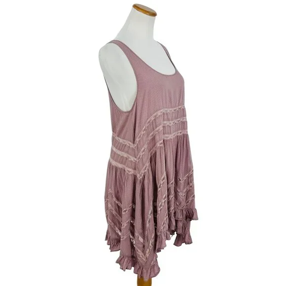Free People Pink Tiered Ruffle Voile & Lace Mini Slip Dress | Cottagecore Boho M - Picture 12 of 16